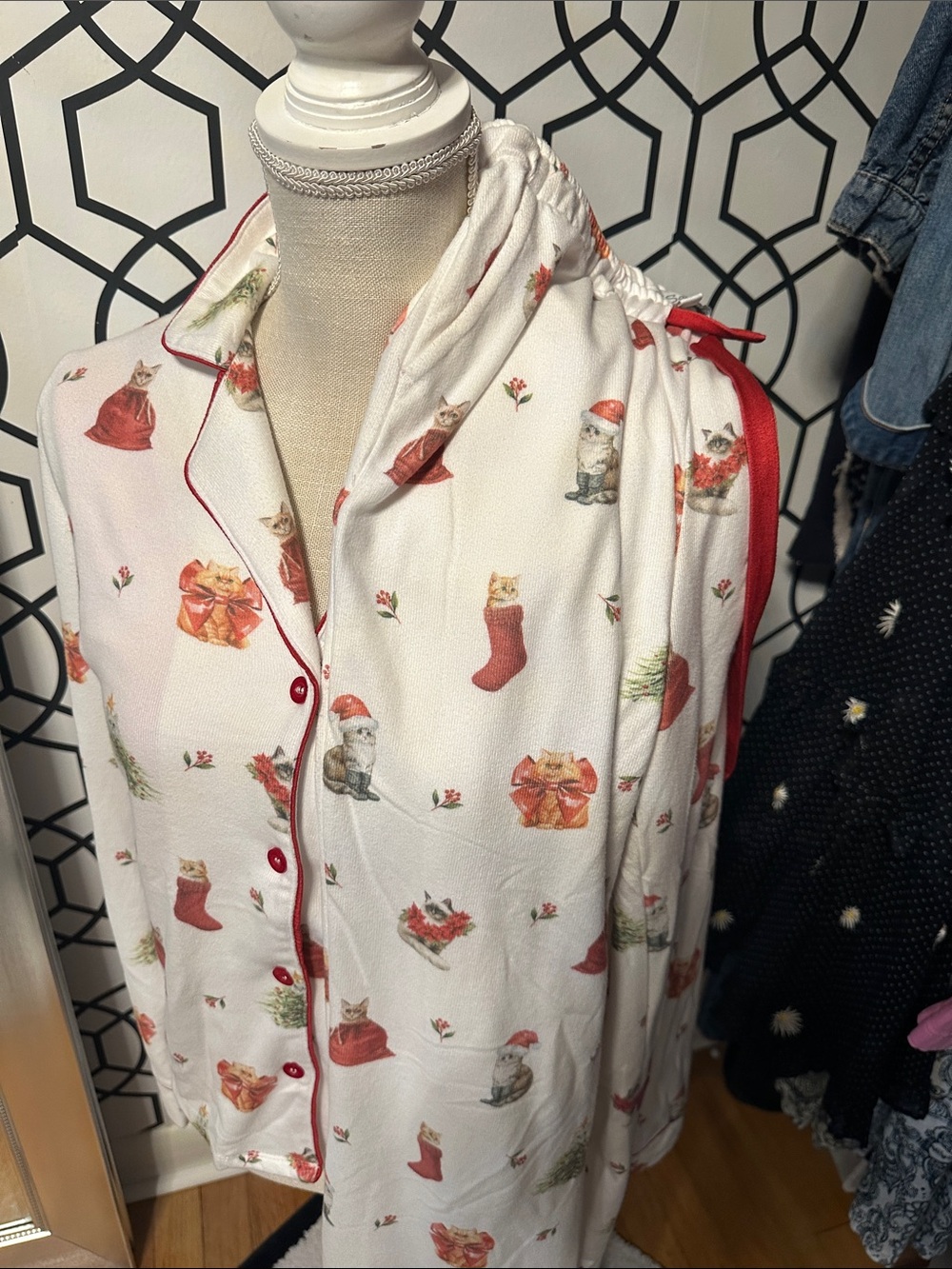 P.J. Salvage White Pajama Set with Red Ribbon and Floral Cat Print